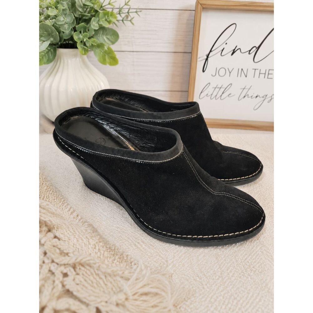 COLE HAAN Black Suede Mule Heels Slip On Wedge Shoes Women’s Size 8